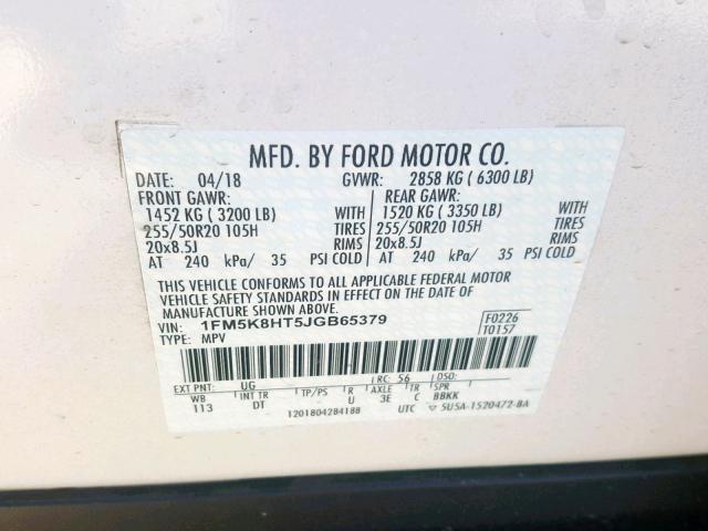 1FM5K8HT5JGB65379 - 2018 FORD EXPLORER P WHITE photo 10