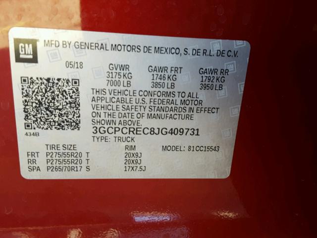 3GCPCREC8JG409731 - 2018 CHEVROLET SILVERADO MAROON photo 10