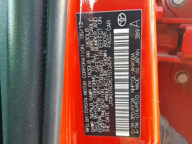 JTDKDTB3XC1512479 - 2012 TOYOTA PRIUS C RED photo 10