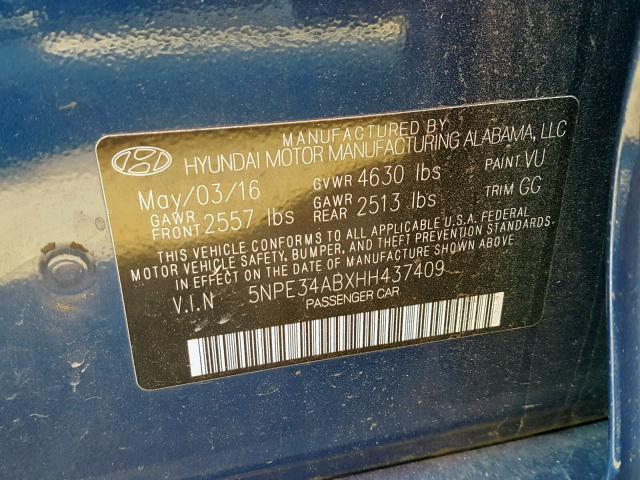 5NPE34ABXHH437409 - 2017 HYUNDAI SONATA SPO BLUE photo 10