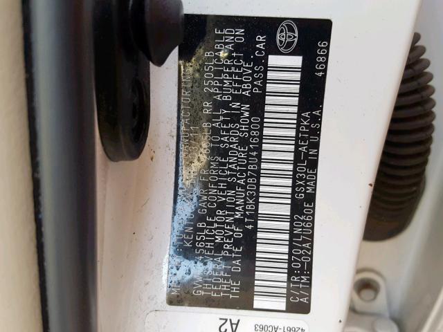 4T1BK3DB7BU416800 - 2011 TOYOTA AVALON BAS WHITE photo 10