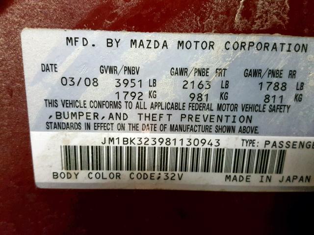 JM1BK323981130943 - 2008 MAZDA 3 S RED photo 10