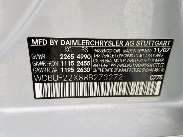 WDBUF22X88B273272 - 2008 MERCEDES-BENZ E 320 CDI SILVER photo 10