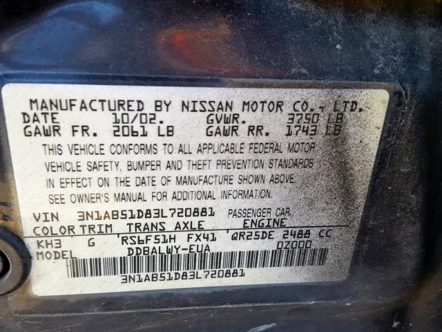 3N1AB51D83L720881 - 2003 NISSAN SENTRA SE- BLACK photo 10