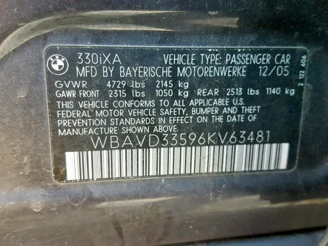 WBAVD33596KV63481 - 2006 BMW 330 XI GRAY photo 10