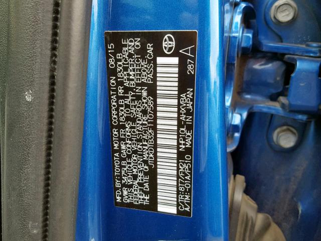 JTDKDTB32F1107589 - 2015 TOYOTA PRIUS C BLUE photo 10