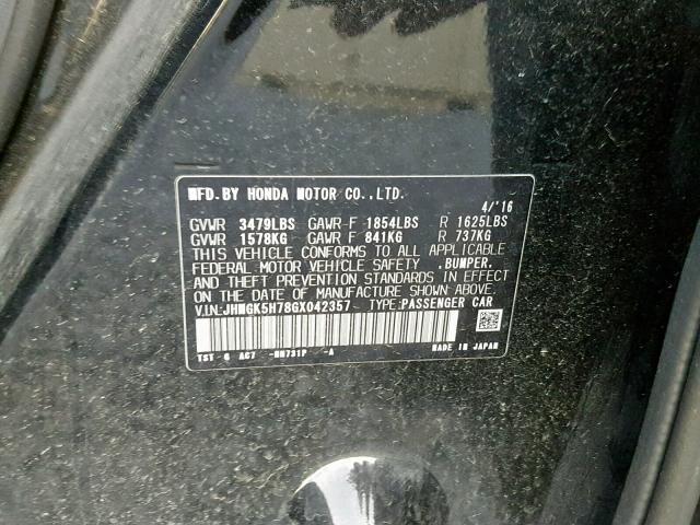 JHMGK5H78GX042357 - 2016 HONDA FIT EX BLACK photo 10