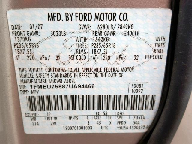 1FMEU75887UA94466 - 2007 FORD EXPLORER L SILVER photo 10