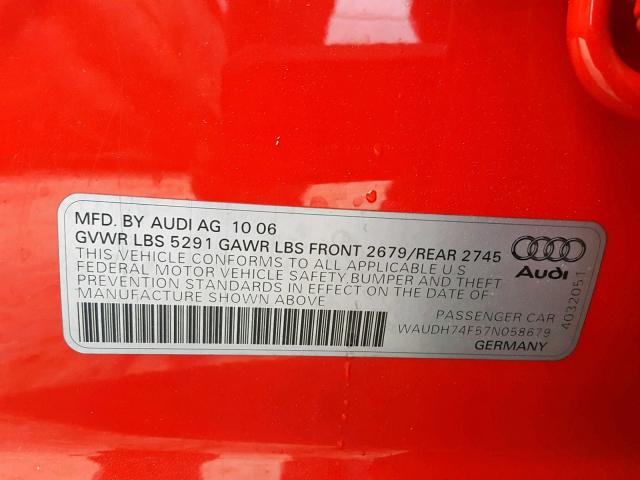 WAUDH74F57N058679 - 2007 AUDI A6 3.2 QUA RED photo 10