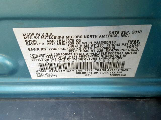 4A4AP3AU6EE009906 - 2014 MITSUBISHI OUTLANDER TURQUOISE photo 10