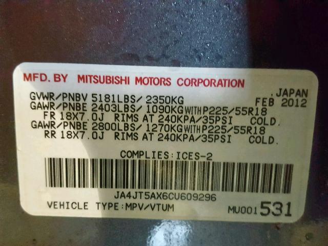 JA4JT5AX6CU609296 - 2012 MITSUBISHI OUTLANDER GRAY photo 10