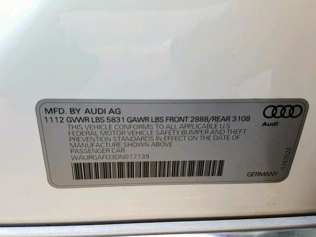 WAURGAFD3DN017139 - 2013 AUDI A8 L QUATT WHITE photo 10