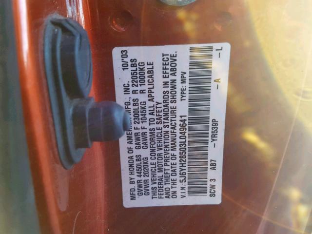 5J6YH28503L049641 - 2003 HONDA ELEMENT EX ORANGE photo 10