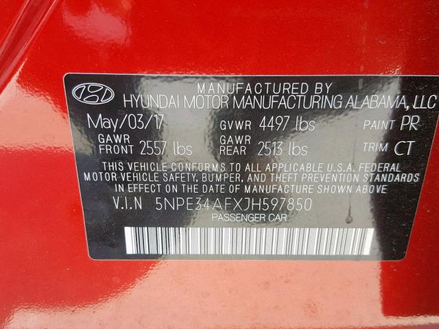 5NPE34AFXJH597850 - 2018 HYUNDAI SONATA SPO RED photo 10