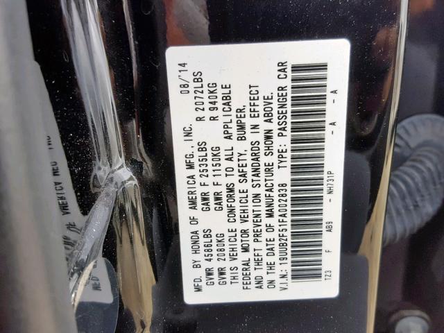 19UUB2F51FA002838 - 2015 ACURA TLX TECH შავი ფოტო 10