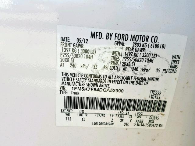 1FM5K7F84DGA52990 - 2013 FORD EXPLORER L WHITE photo 10