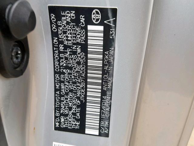 JTKDE3B71A0307539 - 2010 TOYOTA SCION TC SILVER photo 10