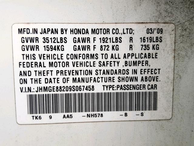 JHMGE88209S067458 - 2009 HONDA FIT WHITE photo 10