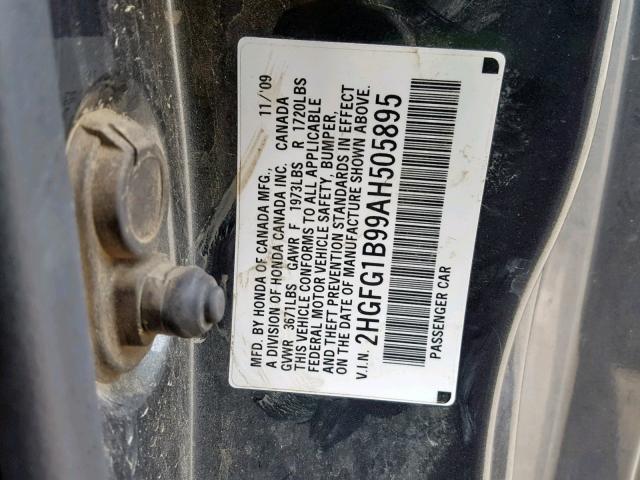 2HGFG1B99AH505895 - 2010 HONDA CIVIC EXL GRAY photo 10