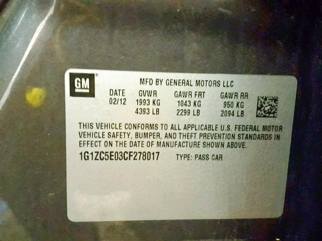 1G1ZC5E03CF278017 - 2012 CHEVROLET MALIBU 1LT CHARCOAL photo 10