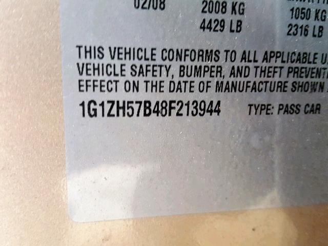 1G1ZH57B48F213944 - 2008 CHEVROLET MALIBU 1LT ოქროსფერი ფოტო 10