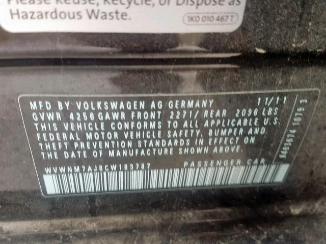 WVWNM7AJ8CW183787 - 2012 VOLKSWAGEN GOLF 黑色 照片 10