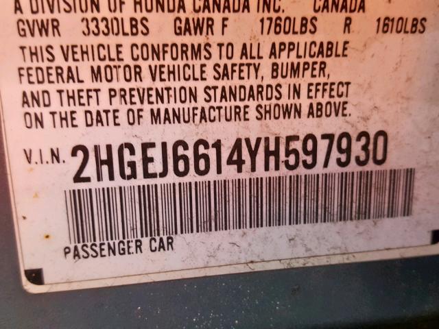 2HGEJ6614YH597930 - 2000 HONDA CIVIC BASE Turkuaz foto 10