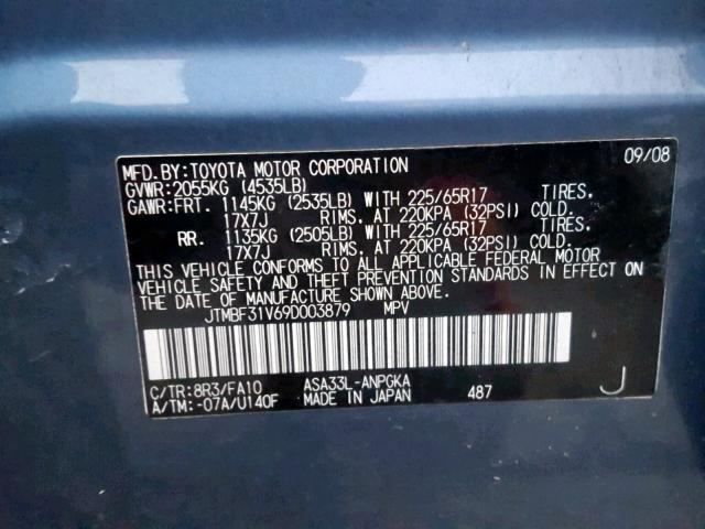 JTMBF31V69D003879 - 2009 TOYOTA RAV4 LIMIT BLUE photo 10