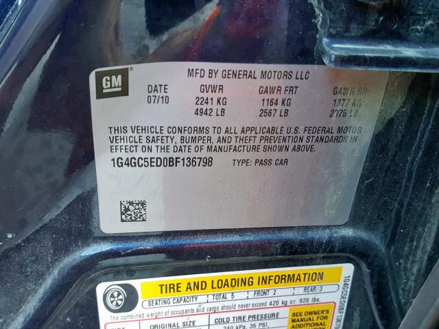 1G4GC5ED0BF136798 - 2011 BUICK LACROSSE C BLUE photo 10