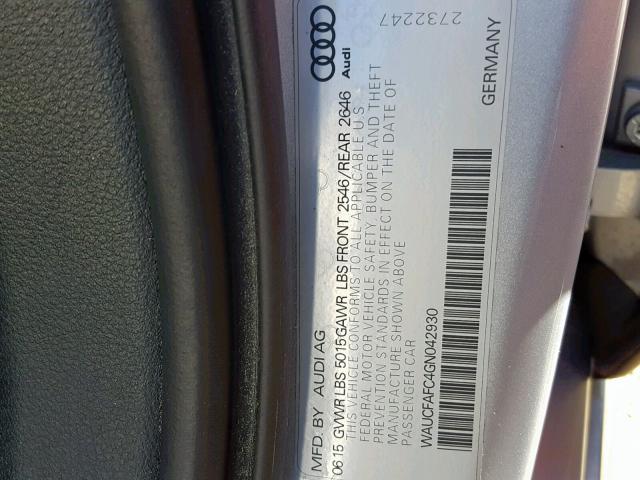 WAUCFAFC4GN042930 - 2016 AUDI A6 PREMIUM SILVER photo 10