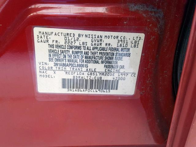 3N1AB6AP0CL690615 - 2012 NISSAN SENTRA 2.0 RED photo 10