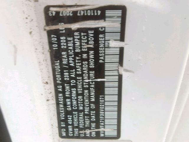 WVWFA71F38V021071 - 2008 VOLKSWAGEN EOS LUX 白色 照片 10