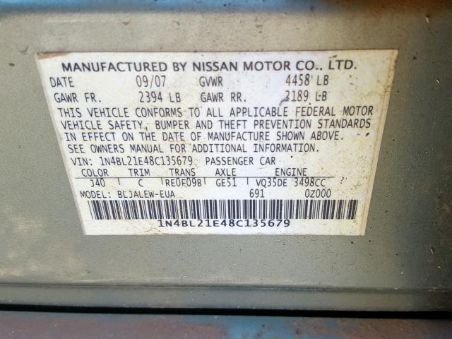 1N4BL21E48C135679 - 2008 NISSAN ALTIMA 3.5 GREEN photo 10