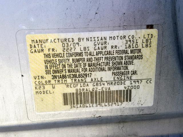 3N1AB61E39L652917 - 2009 NISSAN SENTRA 2.0 SILVER photo 10