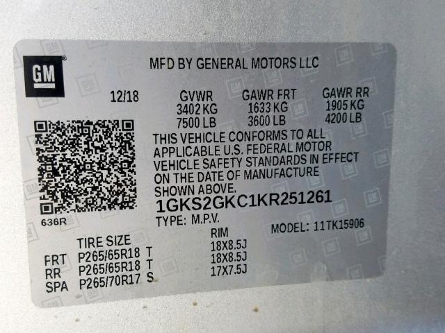 1GKS2GKC1KR251261 - 2019 GMC YUKON XL K SILVER photo 10