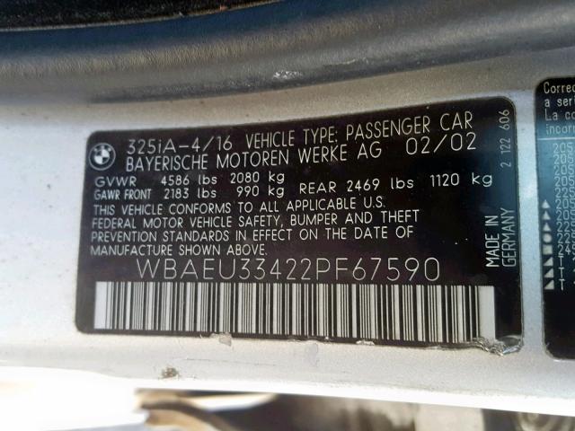 WBAEU33422PF67590 - 2002 BMW 325 XI SILVER photo 10