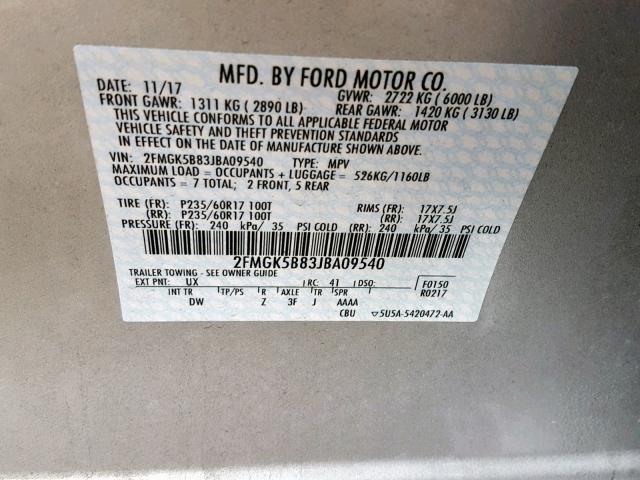 2FMGK5B83JBA09540 - 2018 FORD FLEX SE SILVER photo 10