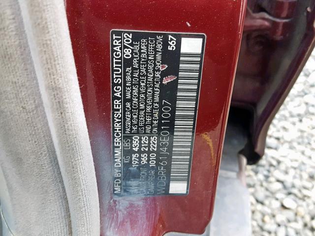 WDBRF61J43E011007 - 2003 MERCEDES-BENZ C 240 BURGUNDY photo 10