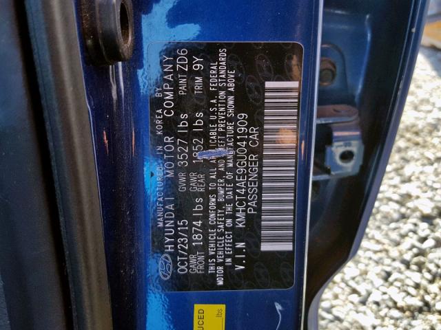 KMHCT4AE9GU041909 - 2016 HYUNDAI ACCENT SE BLUE photo 10