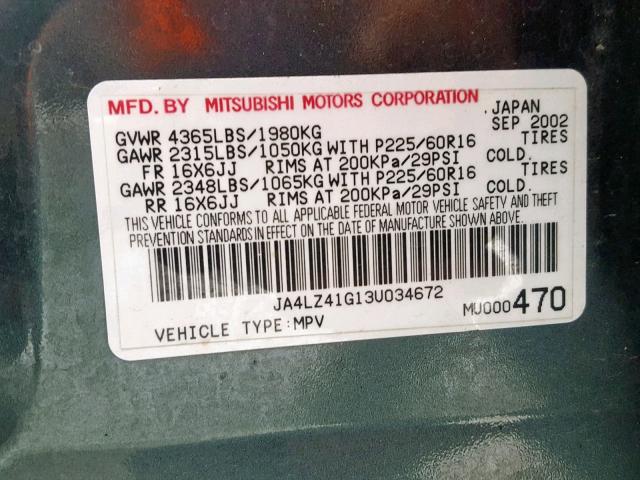 JA4LZ41G13U034672 - 2003 MITSUBISHI OUTLANDER GREEN photo 10