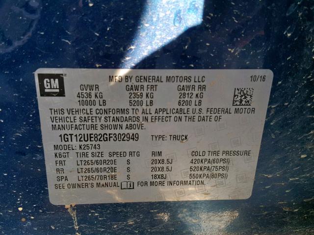 1GT12UE82GF302949 - 2016 GMC SIERRA K25 BLUE photo 10