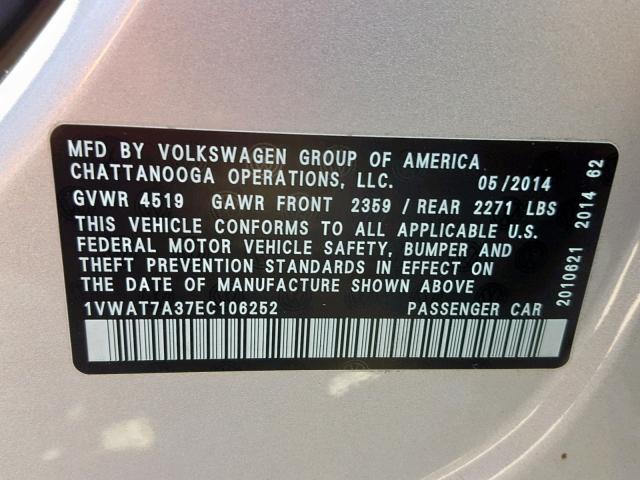 1VWAT7A37EC106252 - 2014 VOLKSWAGEN PASSAT S SILVER photo 10