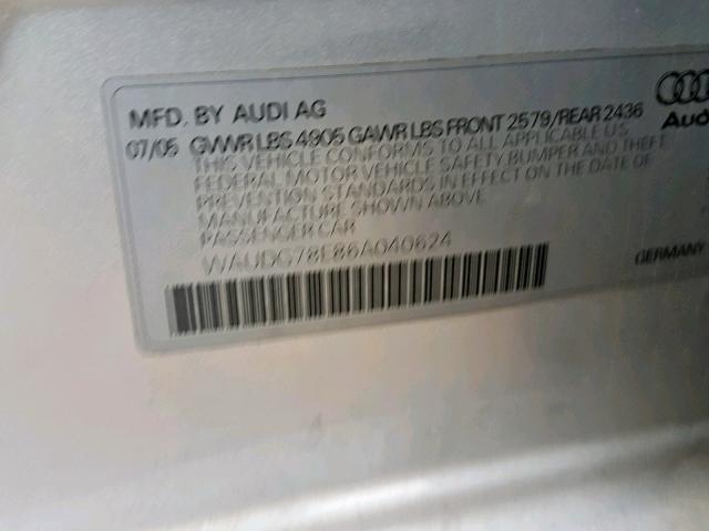 WAUDG78E86A040624 - 2006 AUDI A4 3.2 QUA SILVER photo 10