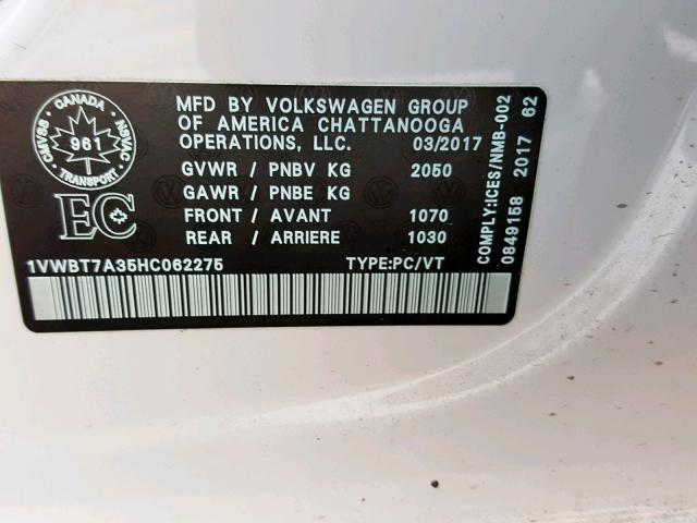 1VWBT7A35HC062275 - 2017 VOLKSWAGEN PASSAT SE WHITE photo 10