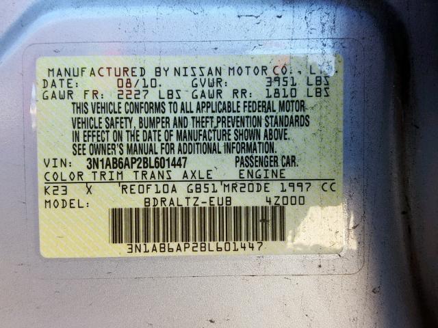 3N1AB6AP2BL601447 - 2011 NISSAN SENTRA 2.0 SILVER photo 10