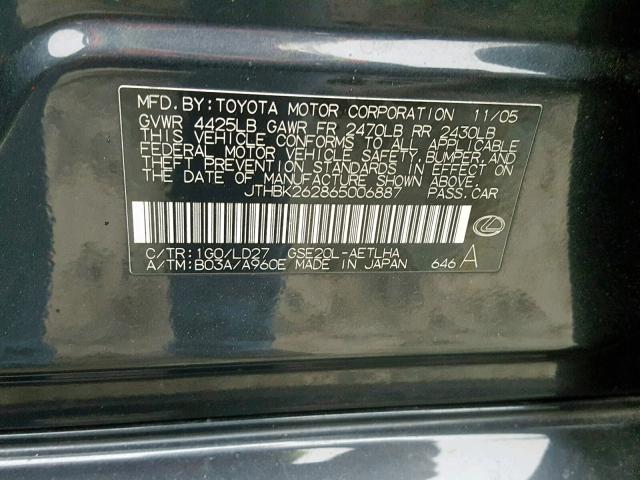 JTHBK262865006887 - 2006 LEXUS IS 250 BLACK photo 10