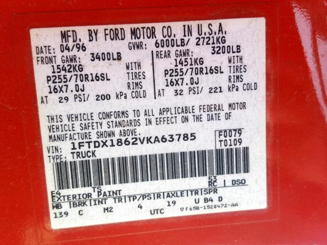 1FTDX1862VKA63785 - 1997 FORD F150 RED photo 10