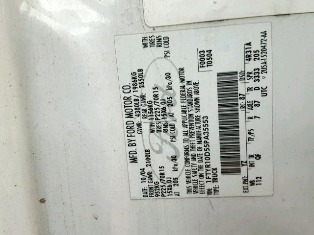 1FTYR10D55PA35553 - 2005 FORD RANGER WHITE photo 10