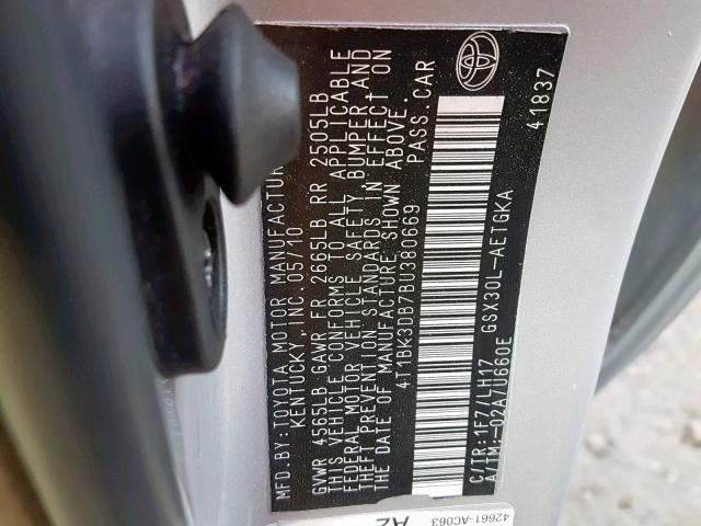 4T1BK3DB7BU380669 - 2011 TOYOTA AVALON BAS Argent photo 10