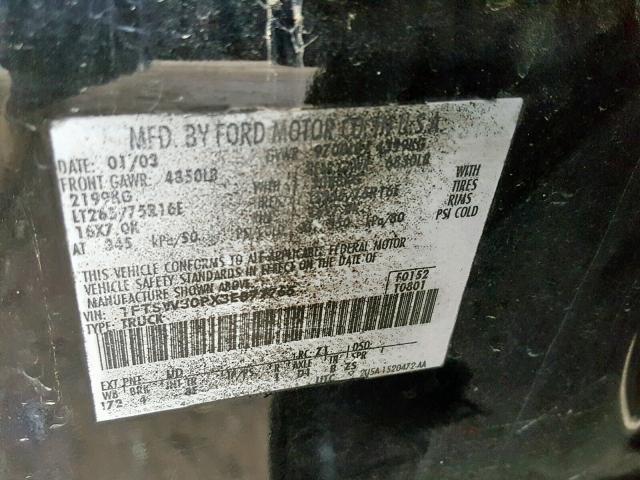 1FTSW30PX3EB77765 - 2003 FORD F350 SRW S BLACK photo 10